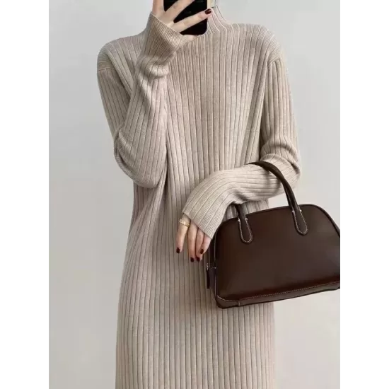 Fringed Solid Color Long Sleeves Loose Mock Neck Sweater Dresses Midi Dresses Fringed Solid Color Long Sleeves Loose Mock Neck Sweater Dresses Midi Dresses