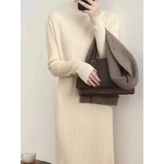 Fringed Solid Color Long Sleeves Loose Mock Neck Sweater Dresses Midi Dresses Fringed Solid Color Long Sleeves Loose Mock Neck Sweater Dresses Midi Dresses