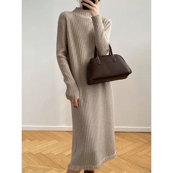 Fringed Solid Color Long Sleeves Loose Mock Neck Sweater Dresses Midi Dresses Fringed Solid Color Long Sleeves Loose Mock Neck Sweater Dresses Midi Dresses