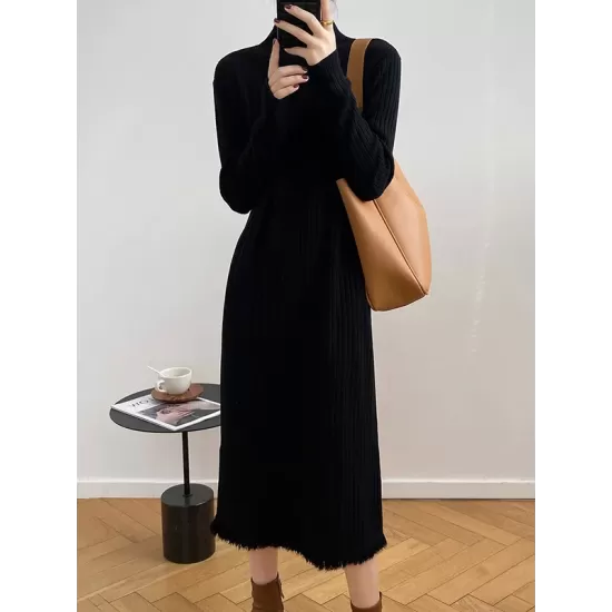 Fringed Solid Color Long Sleeves Loose Mock Neck Sweater Dresses Midi Dresses Fringed Solid Color Long Sleeves Loose Mock Neck Sweater Dresses Midi Dresses