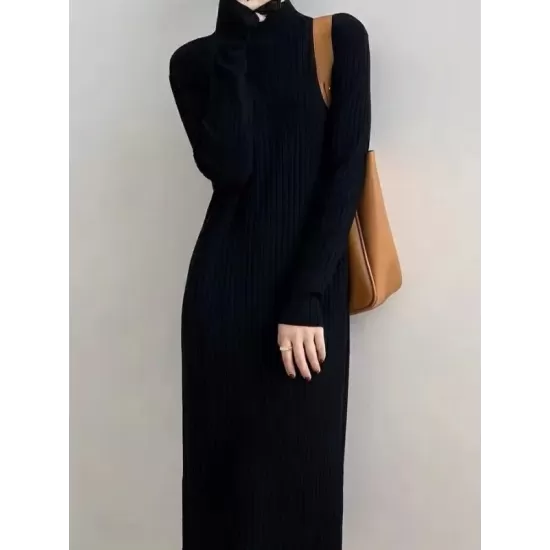 Fringed Solid Color Long Sleeves Loose Mock Neck Sweater Dresses Midi Dresses Fringed Solid Color Long Sleeves Loose Mock Neck Sweater Dresses Midi Dresses