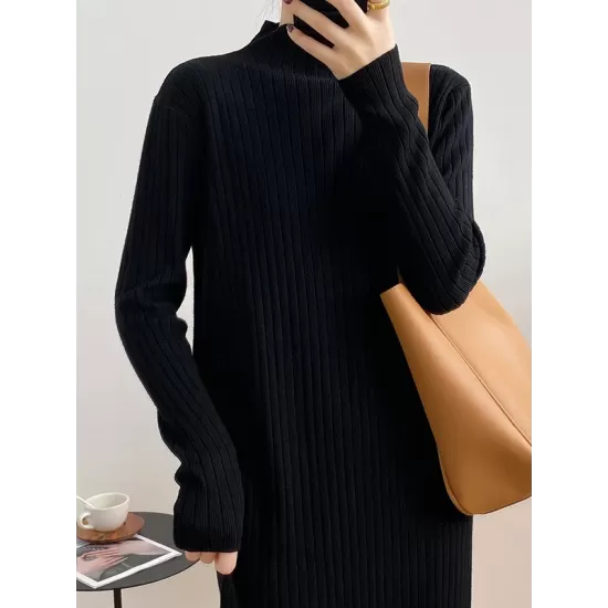 Fringed Solid Color Long Sleeves Loose Mock Neck Sweater Dresses Midi Dresses Fringed Solid Color Long Sleeves Loose Mock Neck Sweater Dresses Midi Dresses