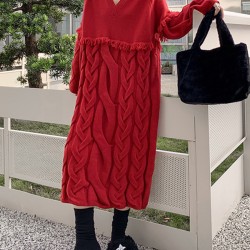 Solid Color Split-Joint Tasseled Long Sleeves Loose V-Neck Sweater Dresses Midi Dresses