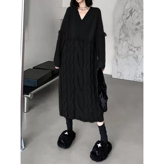 Solid Color Split-Joint Tasseled Long Sleeves Loose V-Neck Sweater Dresses Midi Dresses Solid Color Split-Joint Tasseled Long Sleeves Loose V-Neck Sweater Dresses Midi Dresses