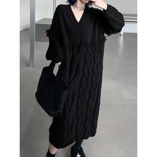 Solid Color Split-Joint Tasseled Long Sleeves Loose V-Neck Sweater Dresses Midi Dresses Solid Color Split-Joint Tasseled Long Sleeves Loose V-Neck Sweater Dresses Midi Dresses