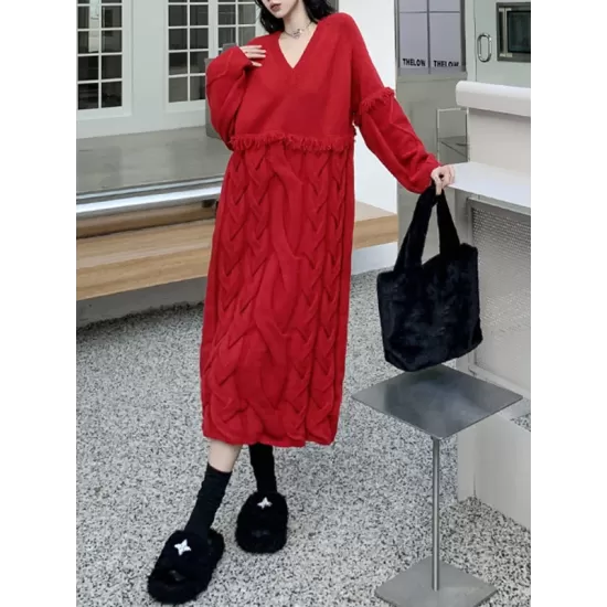 Solid Color Split-Joint Tasseled Long Sleeves Loose V-Neck Sweater Dresses Midi Dresses Solid Color Split-Joint Tasseled Long Sleeves Loose V-Neck Sweater Dresses Midi Dresses