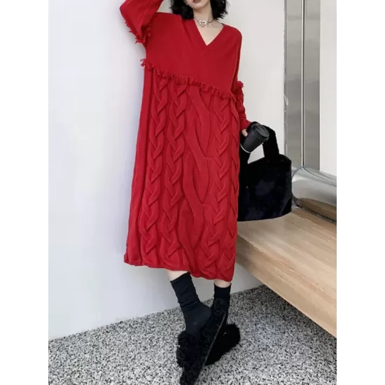 Solid Color Split-Joint Tasseled Long Sleeves Loose V-Neck Sweater Dresses Midi Dresses Solid Color Split-Joint Tasseled Long Sleeves Loose V-Neck Sweater Dresses Midi Dresses