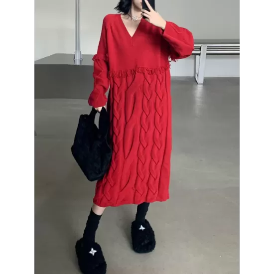 Solid Color Split-Joint Tasseled Long Sleeves Loose V-Neck Sweater Dresses Midi Dresses Solid Color Split-Joint Tasseled Long Sleeves Loose V-Neck Sweater Dresses Midi Dresses