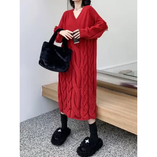 Solid Color Split-Joint Tasseled Long Sleeves Loose V-Neck Sweater Dresses Midi Dresses Solid Color Split-Joint Tasseled Long Sleeves Loose V-Neck Sweater Dresses Midi Dresses