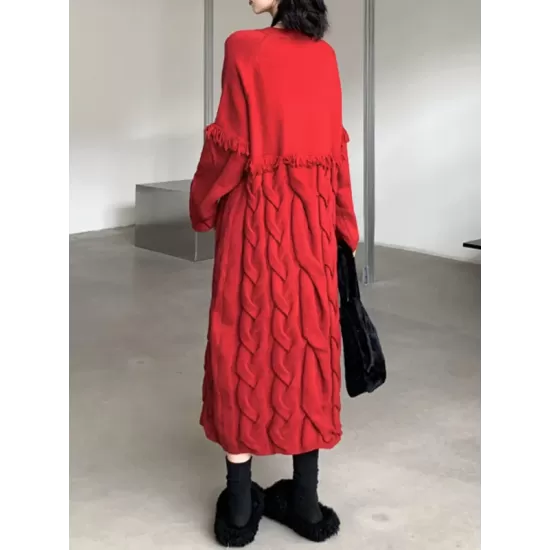 Solid Color Split-Joint Tasseled Long Sleeves Loose V-Neck Sweater Dresses Midi Dresses Solid Color Split-Joint Tasseled Long Sleeves Loose V-Neck Sweater Dresses Midi Dresses