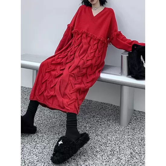 Solid Color Split-Joint Tasseled Long Sleeves Loose V-Neck Sweater Dresses Midi Dresses Solid Color Split-Joint Tasseled Long Sleeves Loose V-Neck Sweater Dresses Midi Dresses