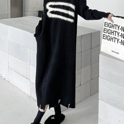 Split-Joint Split-side Long Sleeves Loose V-neck Sweater Dresses Midi Dresses