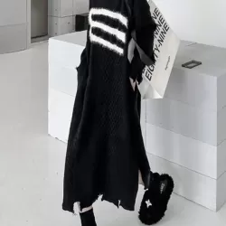 Split-Joint Split-side Long Sleeves Loose V-neck Sweater Dresses Midi Dresses