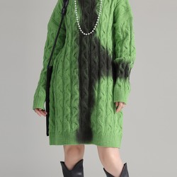 Contrast Color Long Sleeves Loose High Neck Sweater Dresses Mini Dresses