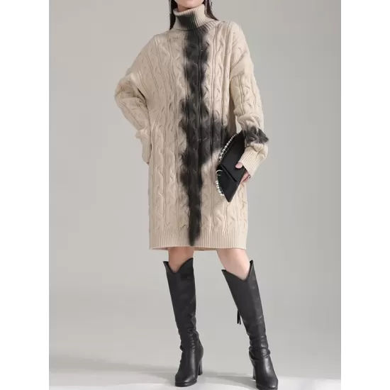 Contrast Color Long Sleeves Loose High Neck Sweater Dresses Mini Dresses Contrast Color Long Sleeves Loose High Neck Sweater Dresses Mini Dresses