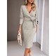 Asymmetric Solid Color Tied Waist High Waisted Long Sleeves Deep V-Neck Sweater Dresses Midi Dresses Asymmetric Solid Color Tied Waist High Waisted Long Sleeves Deep V-Neck Sweater Dresses Midi Dresses