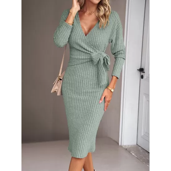 Asymmetric Solid Color Tied Waist High Waisted Long Sleeves Deep V-Neck Sweater Dresses Midi Dresses Asymmetric Solid Color Tied Waist High Waisted Long Sleeves Deep V-Neck Sweater Dresses Midi Dresses