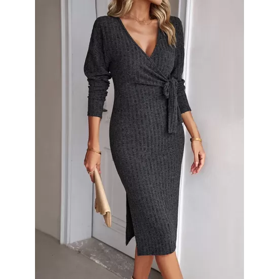 Asymmetric Solid Color Tied Waist High Waisted Long Sleeves Deep V-Neck Sweater Dresses Midi Dresses Asymmetric Solid Color Tied Waist High Waisted Long Sleeves Deep V-Neck Sweater Dresses Midi Dresses