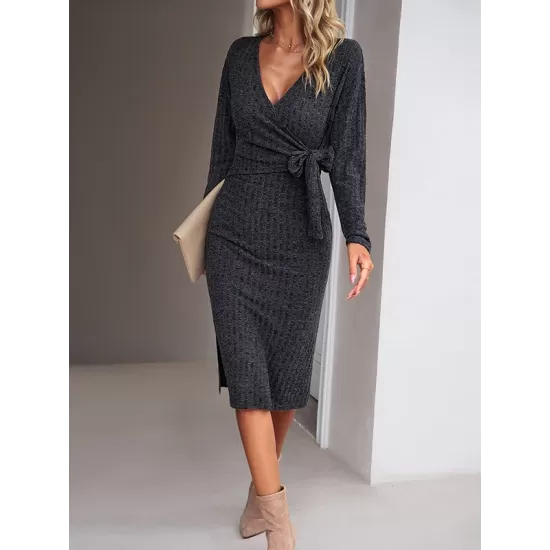 Asymmetric Solid Color Tied Waist High Waisted Long Sleeves Deep V-Neck Sweater Dresses Midi Dresses Asymmetric Solid Color Tied Waist High Waisted Long Sleeves Deep V-Neck Sweater Dresses Midi Dresses