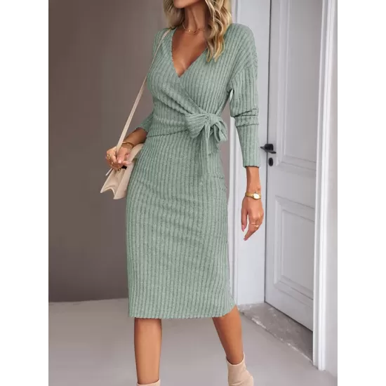 Asymmetric Solid Color Tied Waist High Waisted Long Sleeves Deep V-Neck Sweater Dresses Midi Dresses Asymmetric Solid Color Tied Waist High Waisted Long Sleeves Deep V-Neck Sweater Dresses Midi Dresses