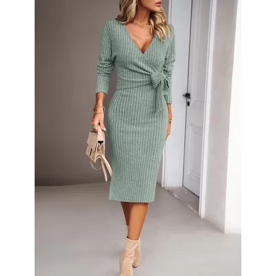 Asymmetric Solid Color Tied Waist High Waisted Long Sleeves Deep V-Neck Sweater Dresses Midi Dresses Asymmetric Solid Color Tied Waist High Waisted Long Sleeves Deep V-Neck Sweater Dresses Midi Dresses