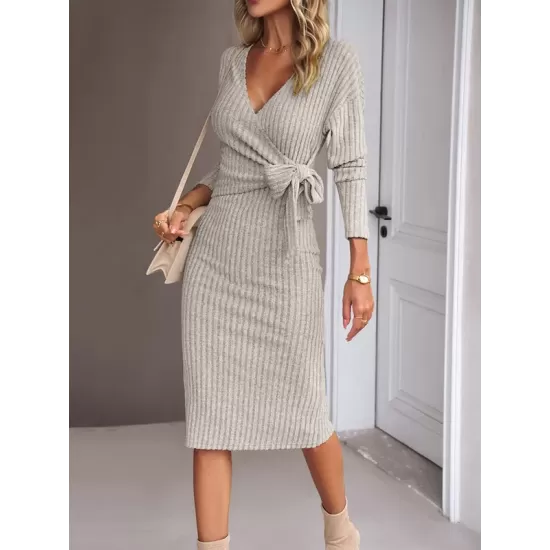 Asymmetric Solid Color Tied Waist High Waisted Long Sleeves Deep V-Neck Sweater Dresses Midi Dresses Asymmetric Solid Color Tied Waist High Waisted Long Sleeves Deep V-Neck Sweater Dresses Midi Dresses