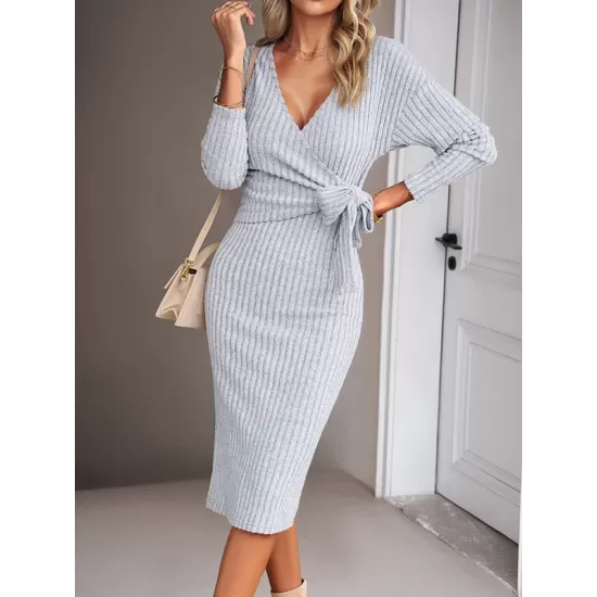 Asymmetric Solid Color Tied Waist High Waisted Long Sleeves Deep V-Neck Sweater Dresses Midi Dresses Asymmetric Solid Color Tied Waist High Waisted Long Sleeves Deep V-Neck Sweater Dresses Midi Dresses