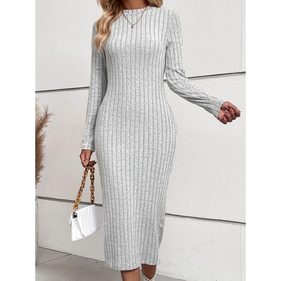Solid Color Split-Joint Long Sleeves Skinny Round-Neck Sweater Dresses Midi Dresses Solid Color Split-Joint Long Sleeves Skinny Round-Neck Sweater Dresses Midi Dresses