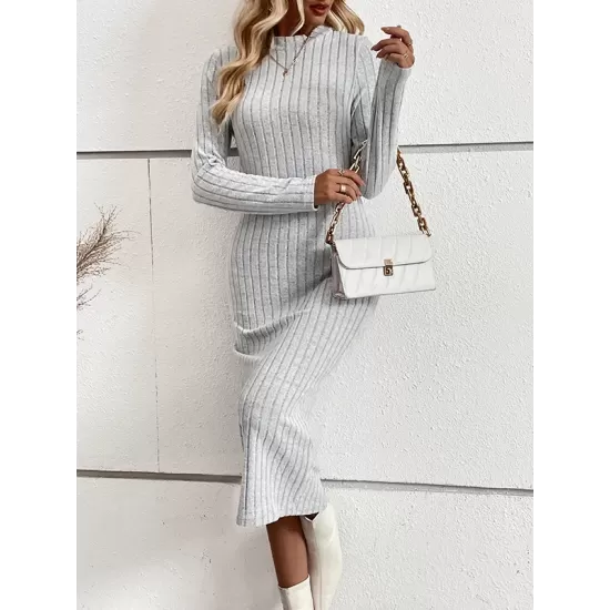 Solid Color Split-Joint Long Sleeves Skinny Round-Neck Sweater Dresses Midi Dresses Solid Color Split-Joint Long Sleeves Skinny Round-Neck Sweater Dresses Midi Dresses
