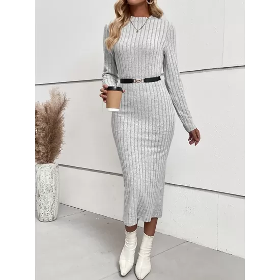 Solid Color Split-Joint Long Sleeves Skinny Round-Neck Sweater Dresses Midi Dresses Solid Color Split-Joint Long Sleeves Skinny Round-Neck Sweater Dresses Midi Dresses
