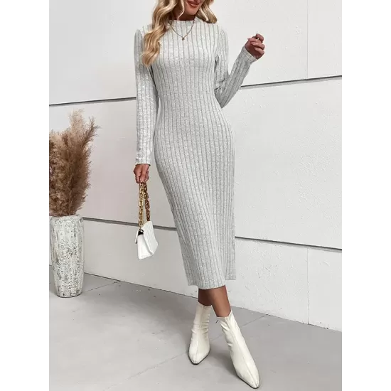 Solid Color Split-Joint Long Sleeves Skinny Round-Neck Sweater Dresses Midi Dresses Solid Color Split-Joint Long Sleeves Skinny Round-Neck Sweater Dresses Midi Dresses