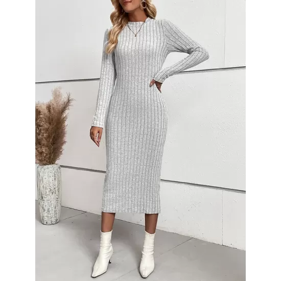Solid Color Split-Joint Long Sleeves Skinny Round-Neck Sweater Dresses Midi Dresses Solid Color Split-Joint Long Sleeves Skinny Round-Neck Sweater Dresses Midi Dresses
