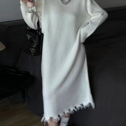 Fringed Solid Color High Waisted Long Sleeves Round-Neck Sweater Dresses Midi Dresses