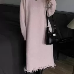 Fringed Solid Color High Waisted Long Sleeves Round-Neck Sweater Dresses Midi Dresses