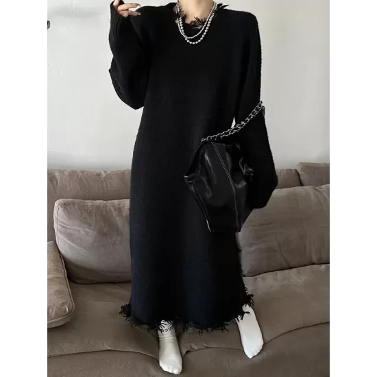 Fringed Solid Color High Waisted Long Sleeves Round-Neck Sweater Dresses Midi Dresses Fringed Solid Color High Waisted Long Sleeves Round-Neck Sweater Dresses Midi Dresses