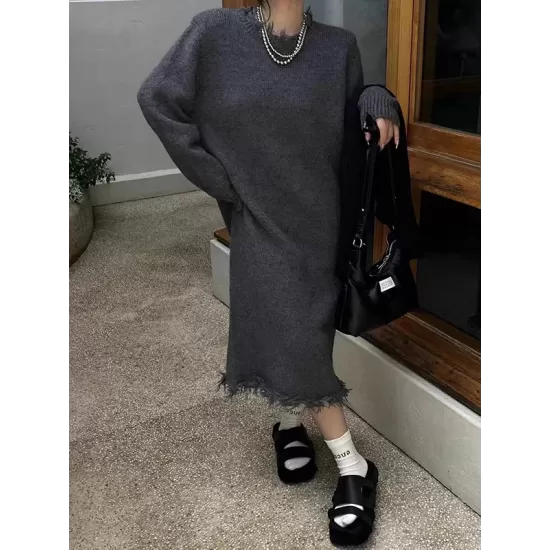 Fringed Solid Color High Waisted Long Sleeves Round-Neck Sweater Dresses Midi Dresses Fringed Solid Color High Waisted Long Sleeves Round-Neck Sweater Dresses Midi Dresses
