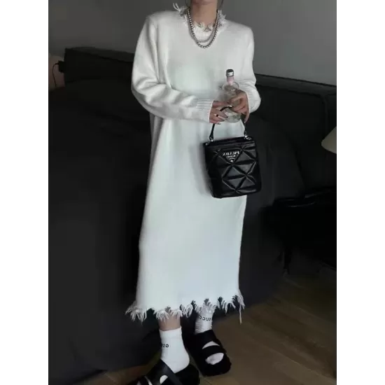 Fringed Solid Color High Waisted Long Sleeves Round-Neck Sweater Dresses Midi Dresses Fringed Solid Color High Waisted Long Sleeves Round-Neck Sweater Dresses Midi Dresses