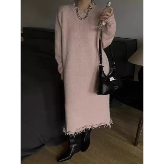 Fringed Solid Color High Waisted Long Sleeves Round-Neck Sweater Dresses Midi Dresses Fringed Solid Color High Waisted Long Sleeves Round-Neck Sweater Dresses Midi Dresses
