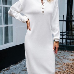 Buttoned Long Sleeves Loose Round-Neck Sweater Dresses Midi Dresses