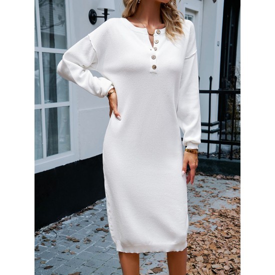 Buttoned Long Sleeves Loose Round-Neck Sweater Dresses Midi Dresses Buttoned Long Sleeves Loose Round-Neck Sweater Dresses Midi Dresses