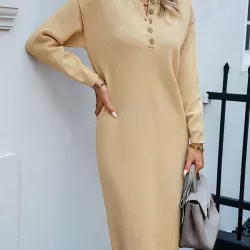 Buttoned Long Sleeves Loose Round-Neck Sweater Dresses Midi Dresses