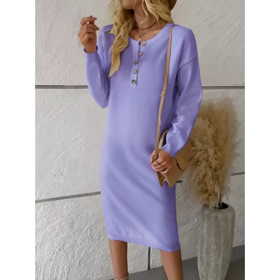 Buttoned Long Sleeves Loose Round-Neck Sweater Dresses Midi Dresses Buttoned Long Sleeves Loose Round-Neck Sweater Dresses Midi Dresses