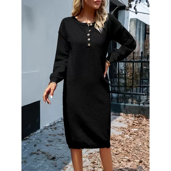 Buttoned Long Sleeves Loose Round-Neck Sweater Dresses Midi Dresses Buttoned Long Sleeves Loose Round-Neck Sweater Dresses Midi Dresses