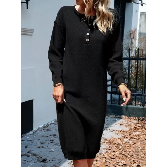 Buttoned Long Sleeves Loose Round-Neck Sweater Dresses Midi Dresses Buttoned Long Sleeves Loose Round-Neck Sweater Dresses Midi Dresses