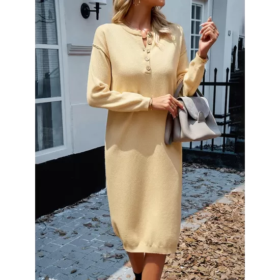 Buttoned Long Sleeves Loose Round-Neck Sweater Dresses Midi Dresses Buttoned Long Sleeves Loose Round-Neck Sweater Dresses Midi Dresses