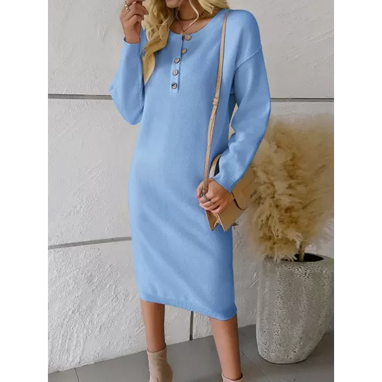 Buttoned Long Sleeves Loose Round-Neck Sweater Dresses Midi Dresses Buttoned Long Sleeves Loose Round-Neck Sweater Dresses Midi Dresses