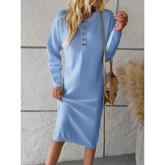 Buttoned Long Sleeves Loose Round-Neck Sweater Dresses Midi Dresses Buttoned Long Sleeves Loose Round-Neck Sweater Dresses Midi Dresses