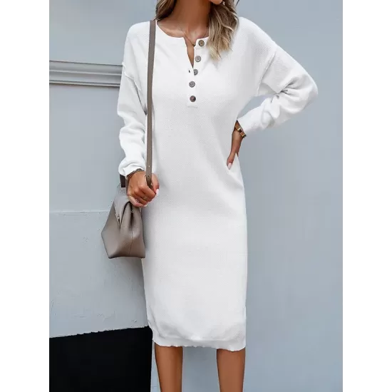 Buttoned Long Sleeves Loose Round-Neck Sweater Dresses Midi Dresses Buttoned Long Sleeves Loose Round-Neck Sweater Dresses Midi Dresses