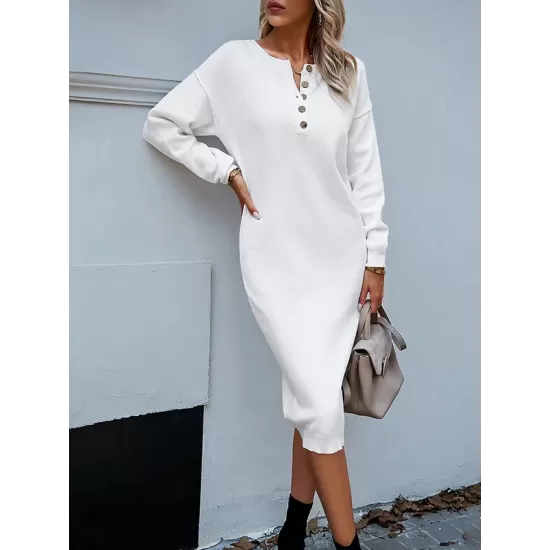 Buttoned Long Sleeves Loose Round-Neck Sweater Dresses Midi Dresses Buttoned Long Sleeves Loose Round-Neck Sweater Dresses Midi Dresses