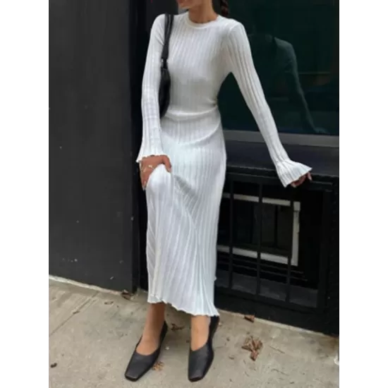 Flared Sleeves Skinny Pleated Solid Color Maxi Sweater Dresses Flared Sleeves Skinny Pleated Solid Color Maxi Sweater Dresses